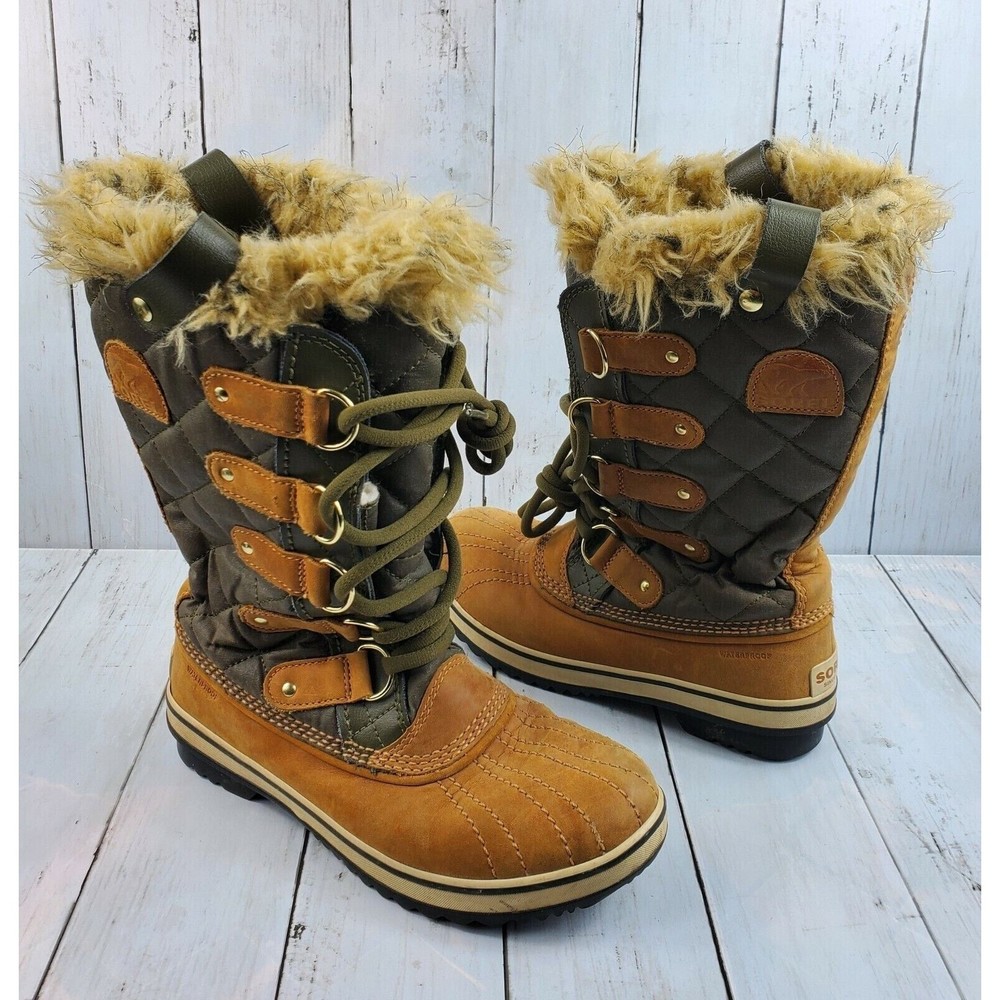 Sorel Women's Size 6 Green Camel Tofino Leather Quilted Fur Winter Snow Boots